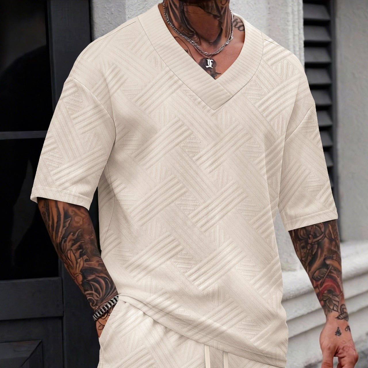 Casual Men's T-Shirt In Polyester With V Neck, Loose Fit, And Jacquard Design For Spring - front view