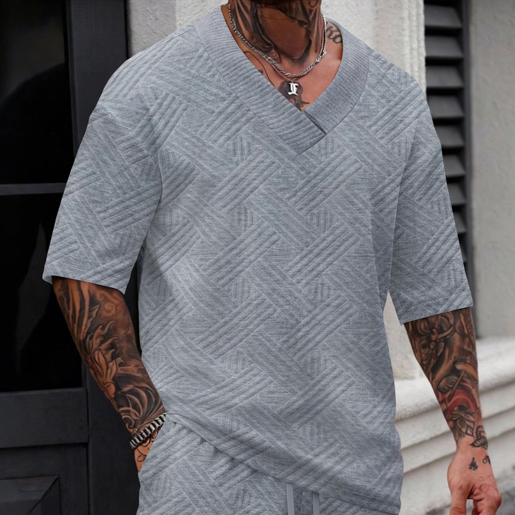 Casual Men's T-Shirt In Polyester With V Neck, Loose Fit, And Jacquard Design For Spring - view 2