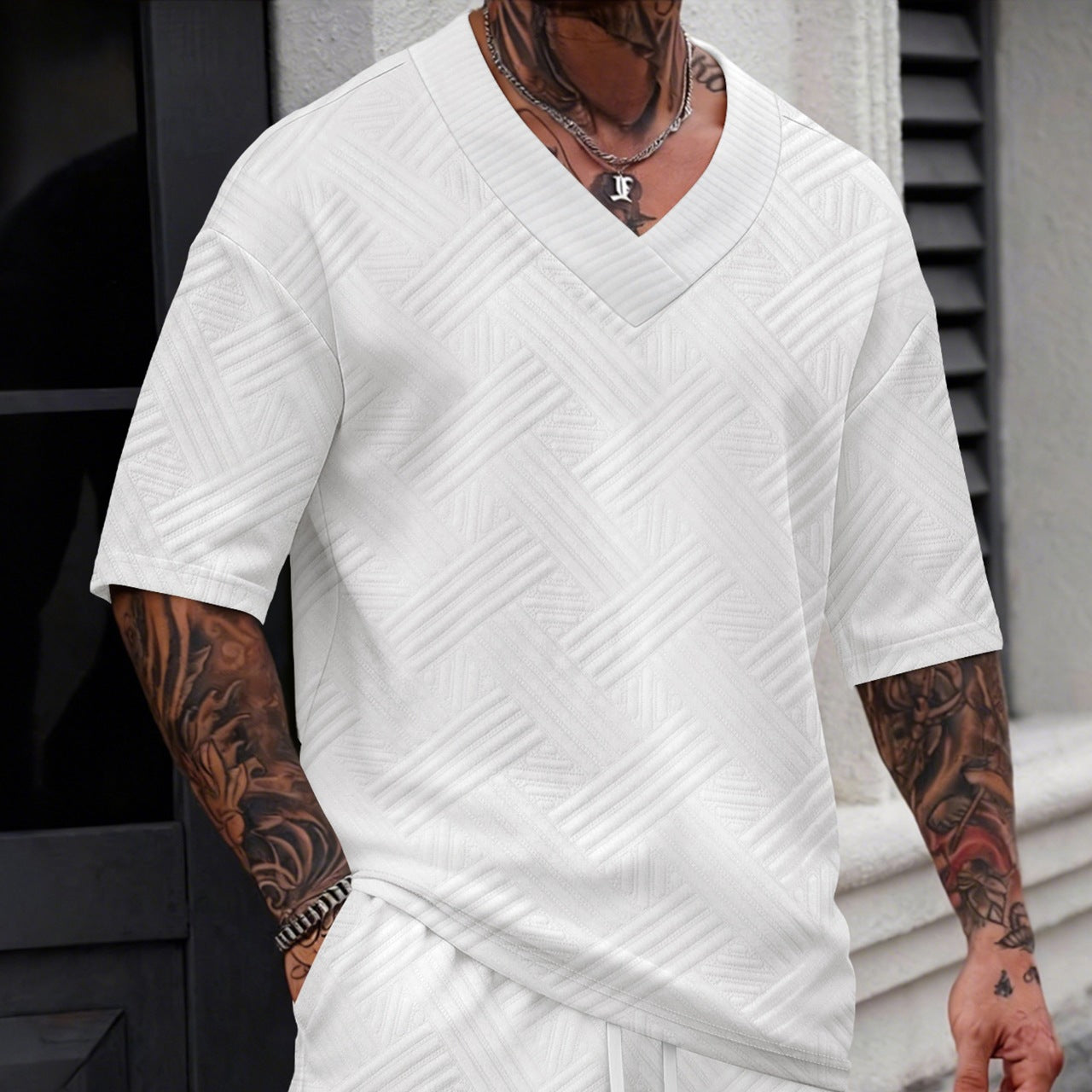 Casual Men's T-Shirt In Polyester With V Neck, Loose Fit, And Jacquard Design For Spring - view 3