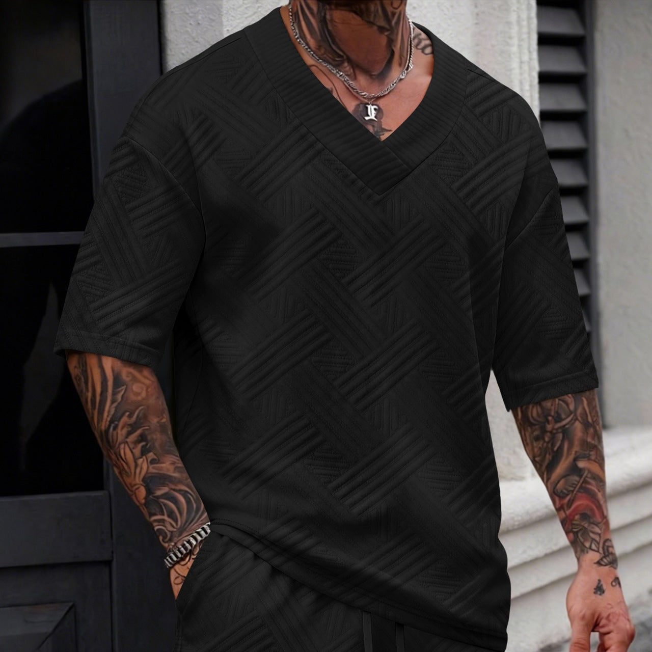 Casual Men's T-Shirt In Polyester With V Neck, Loose Fit, And Jacquard Design For Spring - view 4