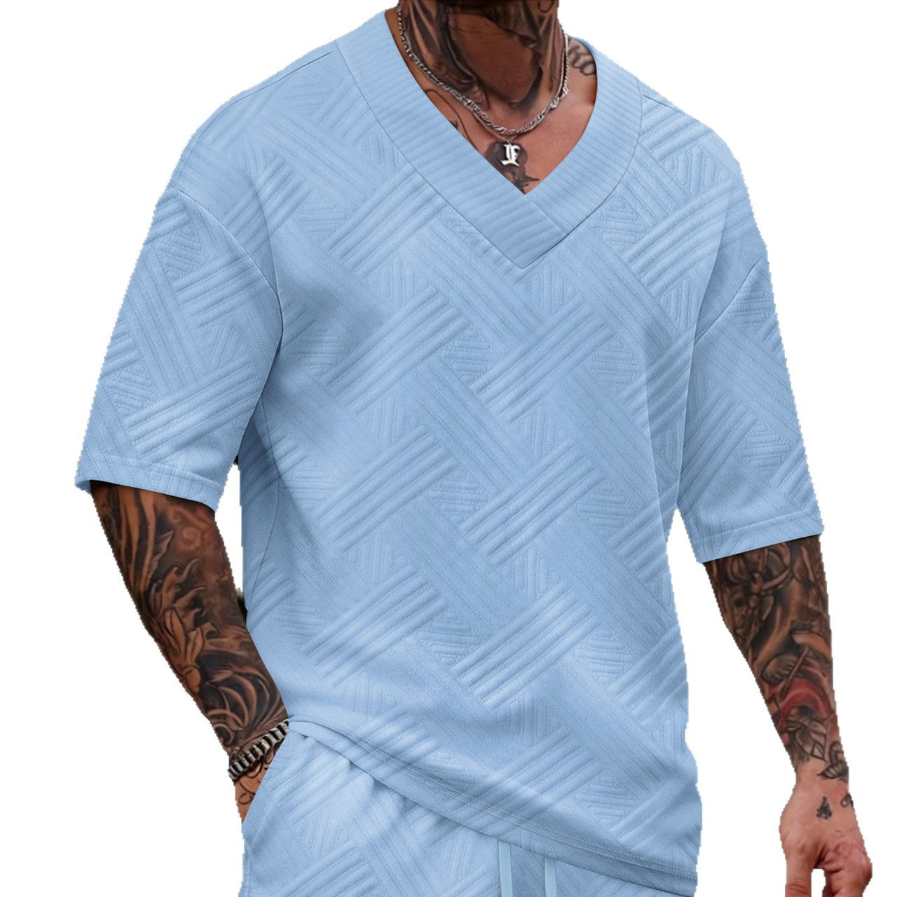 Casual Men's T-Shirt In Polyester With V Neck, Loose Fit, And Jacquard Design For Spring - view 5