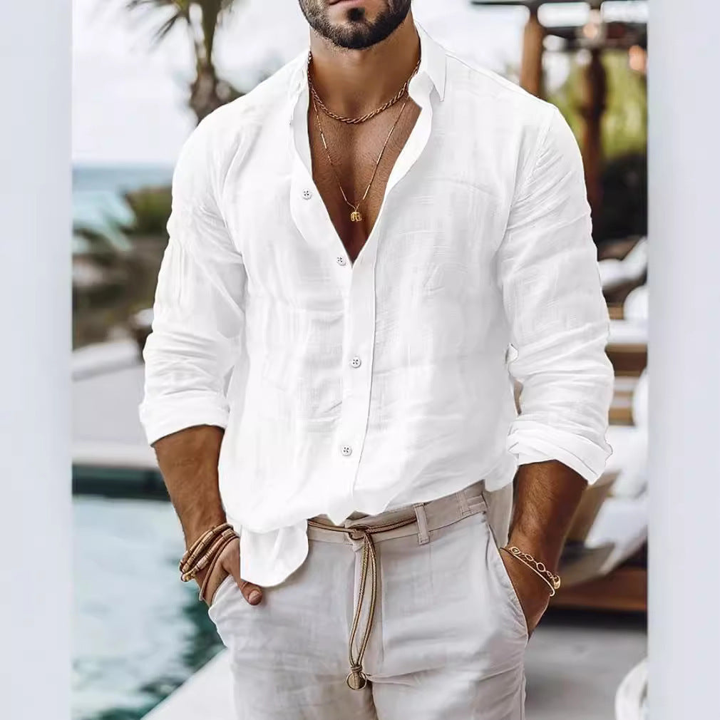 Men's Shirt In Cotton Blend Fabric Featuring Long Sleeves For Comfortable Wear - front view