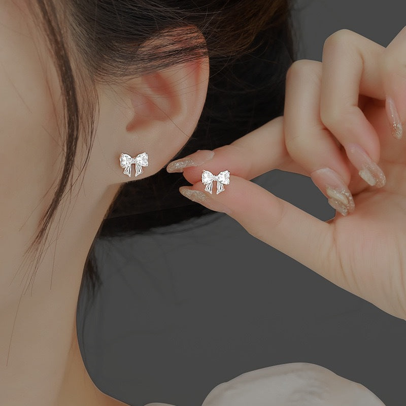 Silver Bow Earrings For Women Featuring Zircon Inlay On Copper Stud Earrings - view 2