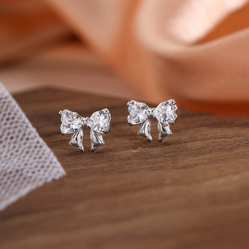 Silver Bow Earrings For Women Featuring Zircon Inlay On Copper Stud Earrings - view 3