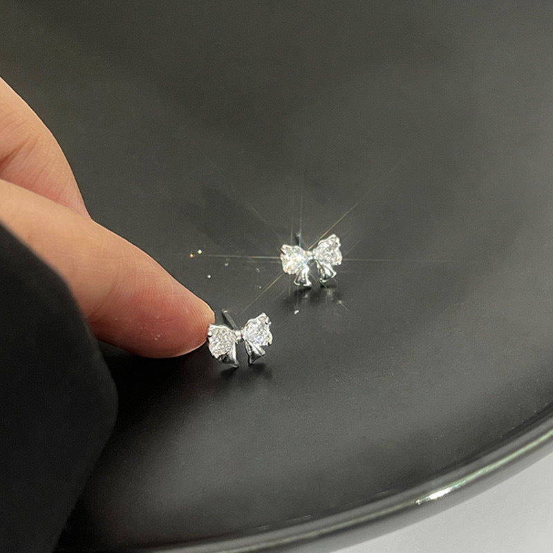 Silver Bow Earrings For Women Featuring Zircon Inlay On Copper Stud Earrings - view 4