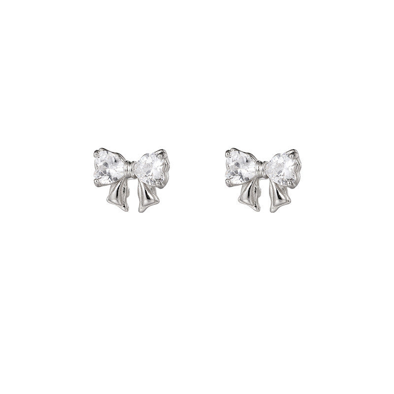 Silver Bow Earrings For Women Featuring Zircon Inlay On Copper Stud Earrings - view 5