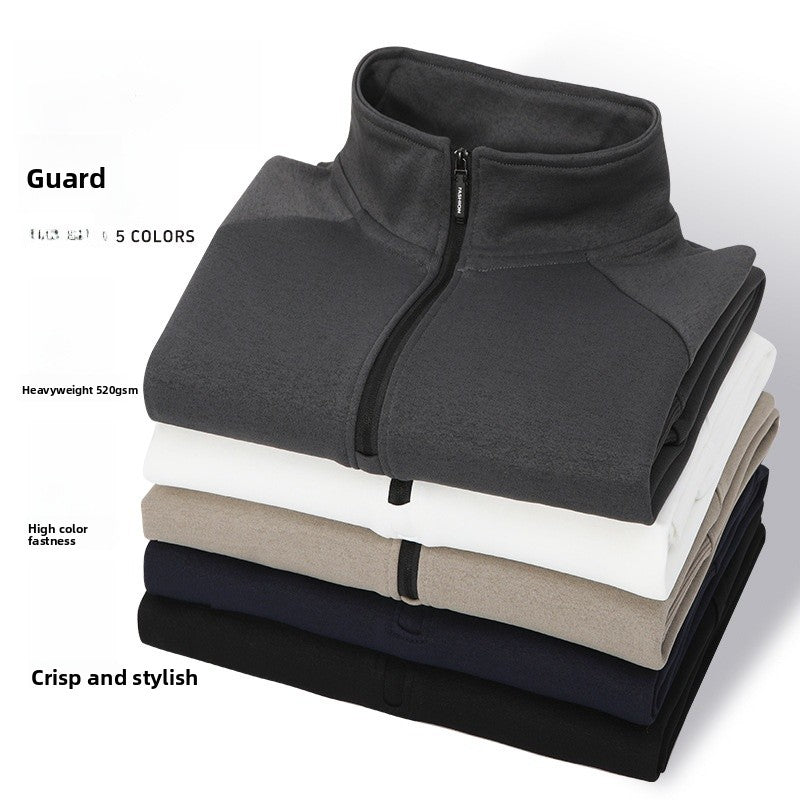 Solid Color White Long Sleeve Men's Hoodie With Standing Collar And Zipper Closure - view 2