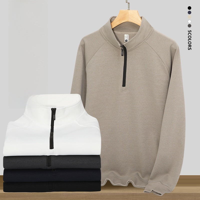 Solid Color White Long Sleeve Men's Hoodie With Standing Collar And Zipper Closure - view 3