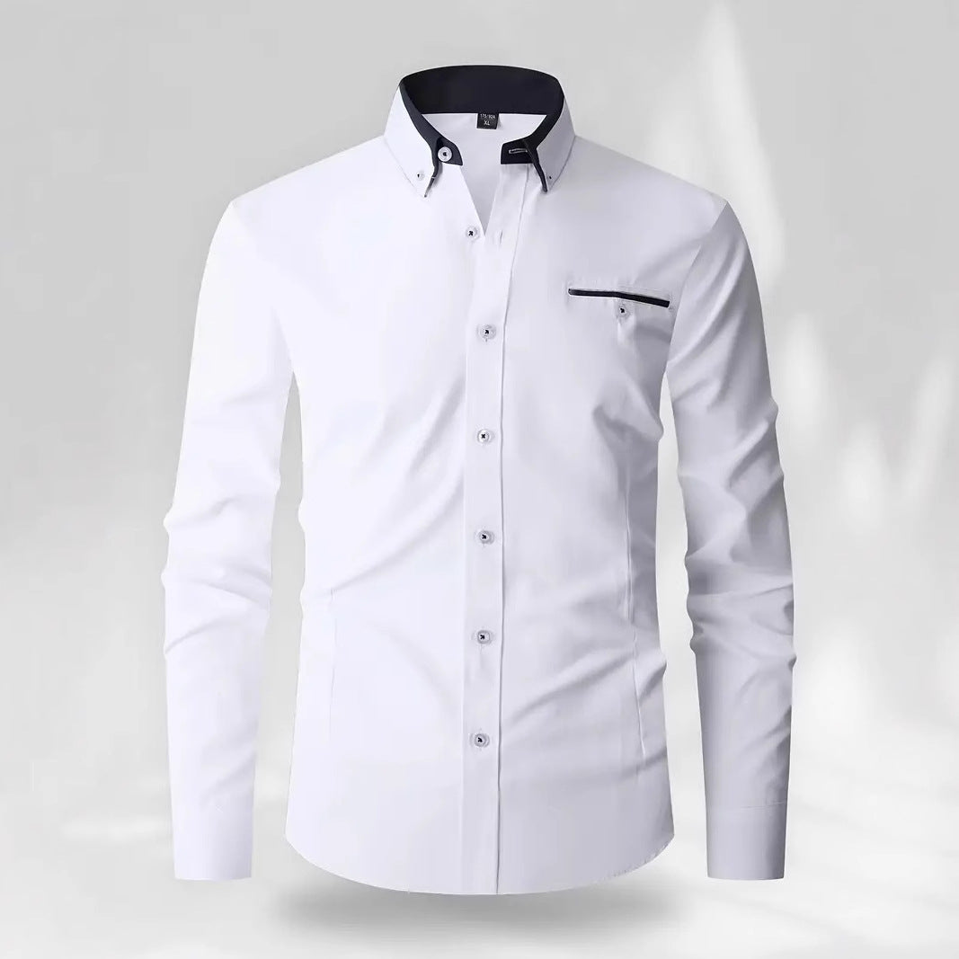 Solid Color Long Sleeve Men's Shirt Featuring Lapel Collar In Classic Style - front view