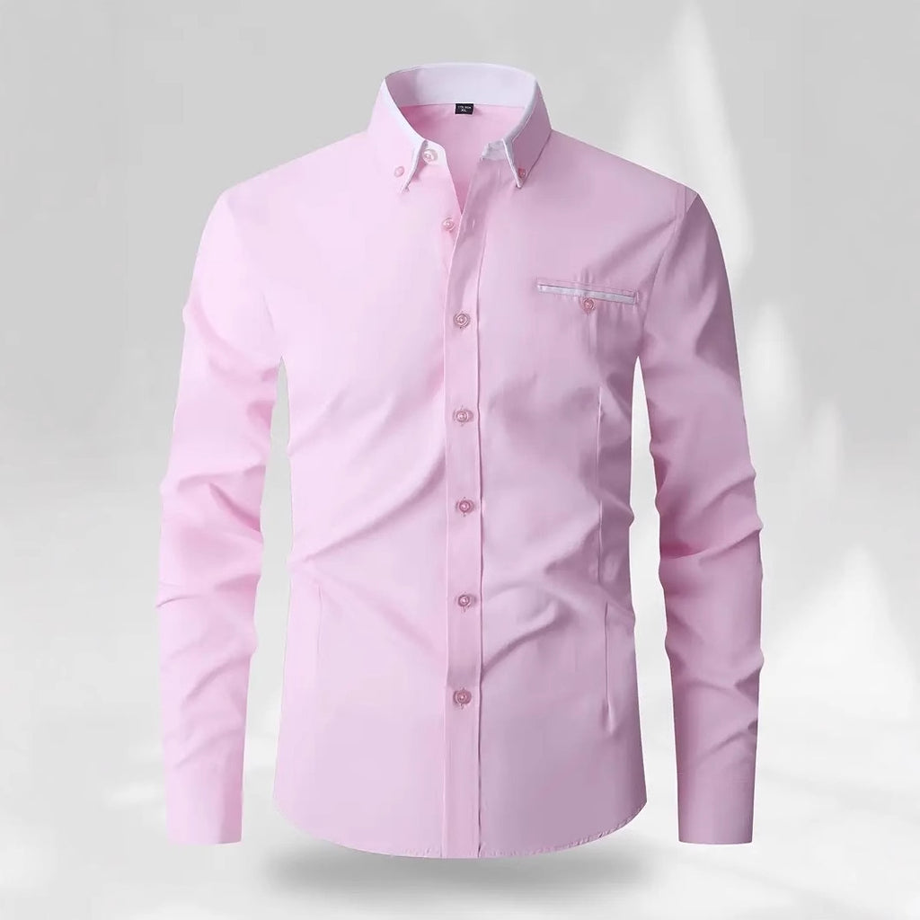 Solid Color Long Sleeve Men's Shirt Featuring Lapel Collar In Classic Style - view 2