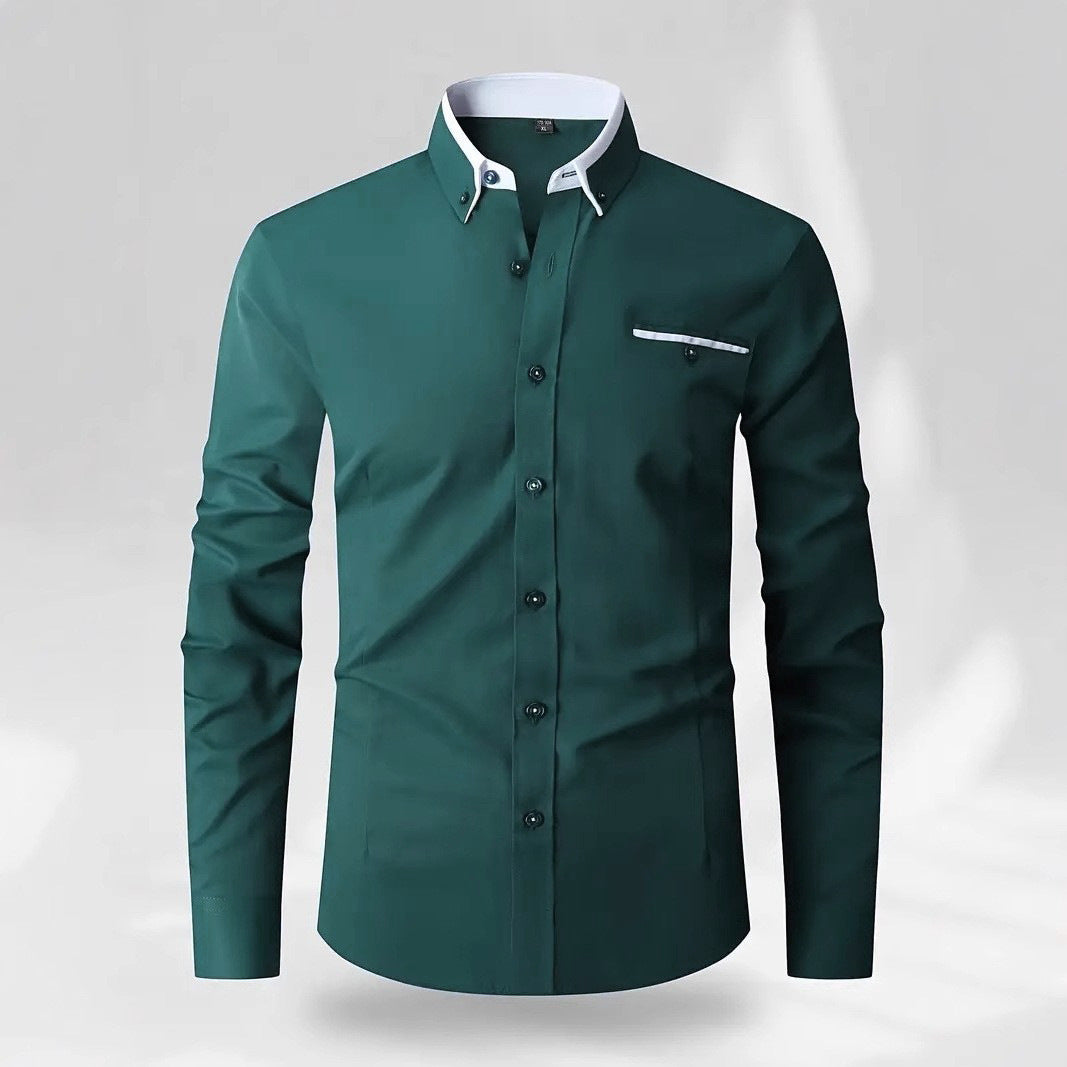 Solid Color Long Sleeve Men's Shirt Featuring Lapel Collar In Classic Style - view 3