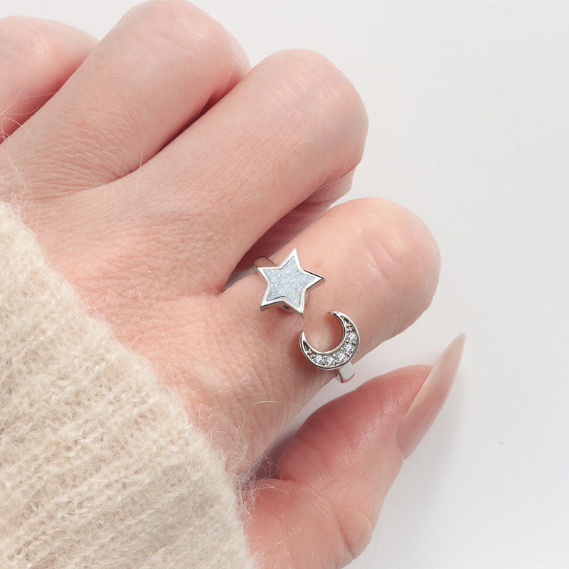 Moon Pattern Rotatable Anxiety Ring For Unisex Featuring Copper Material And Rhinestones Inlay, Spinner Rings - view 2