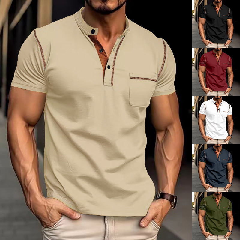 Solid Color Men's T-Shirt With Standing Collar And Short Sleeve For Casual Wear - front view