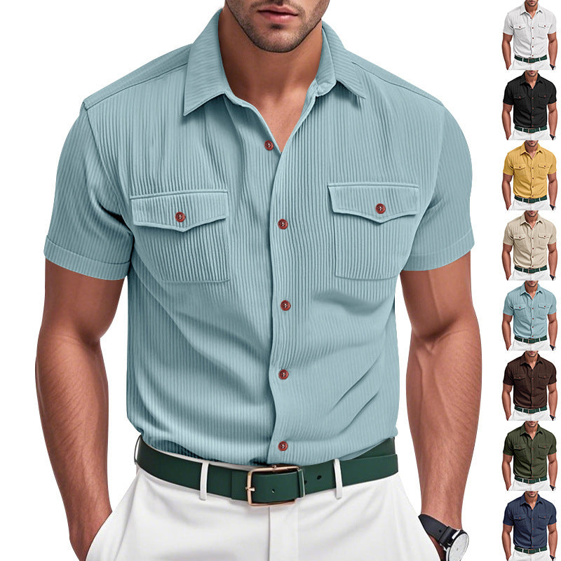 Solid Color Casual Short Sleeve Men's Shirt With Lapel Collar And Loose Fit, Made Of Polyester - front view