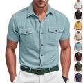 Solid Color Casual Short Sleeve Men's Shirt With Lapel Collar And Loose Fit, Made Of Polyester - front view