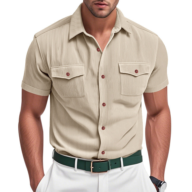Solid Color Casual Short Sleeve Men's Shirt With Lapel Collar And Loose Fit, Made Of Polyester - view 2