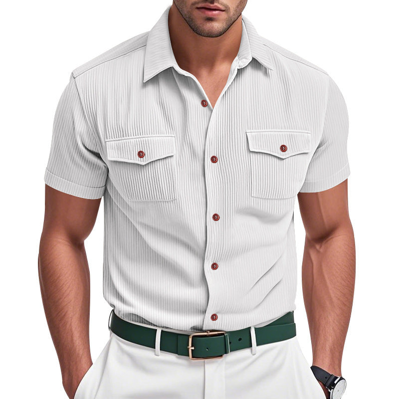 Solid Color Casual Short Sleeve Men's Shirt With Lapel Collar And Loose Fit, Made Of Polyester - view 3