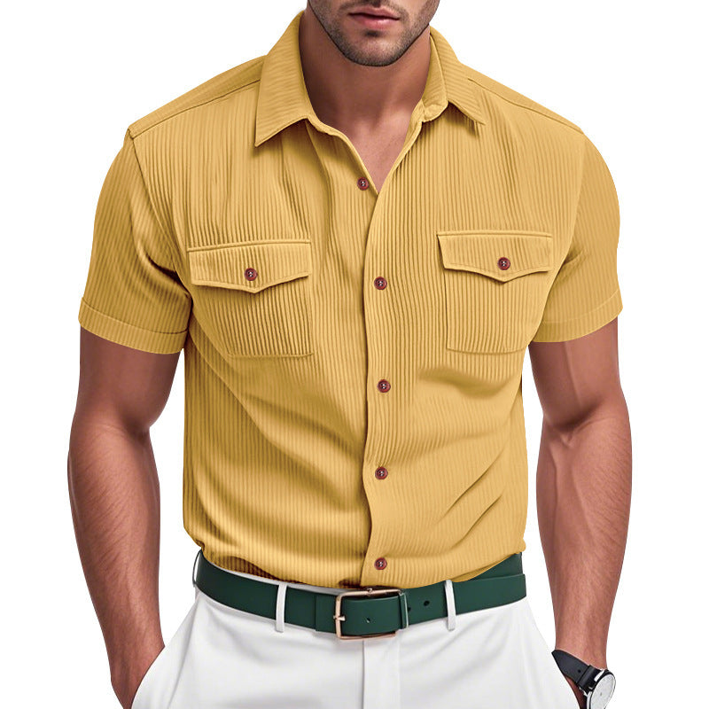 Solid Color Casual Short Sleeve Men's Shirt With Lapel Collar And Loose Fit, Made Of Polyester - view 4