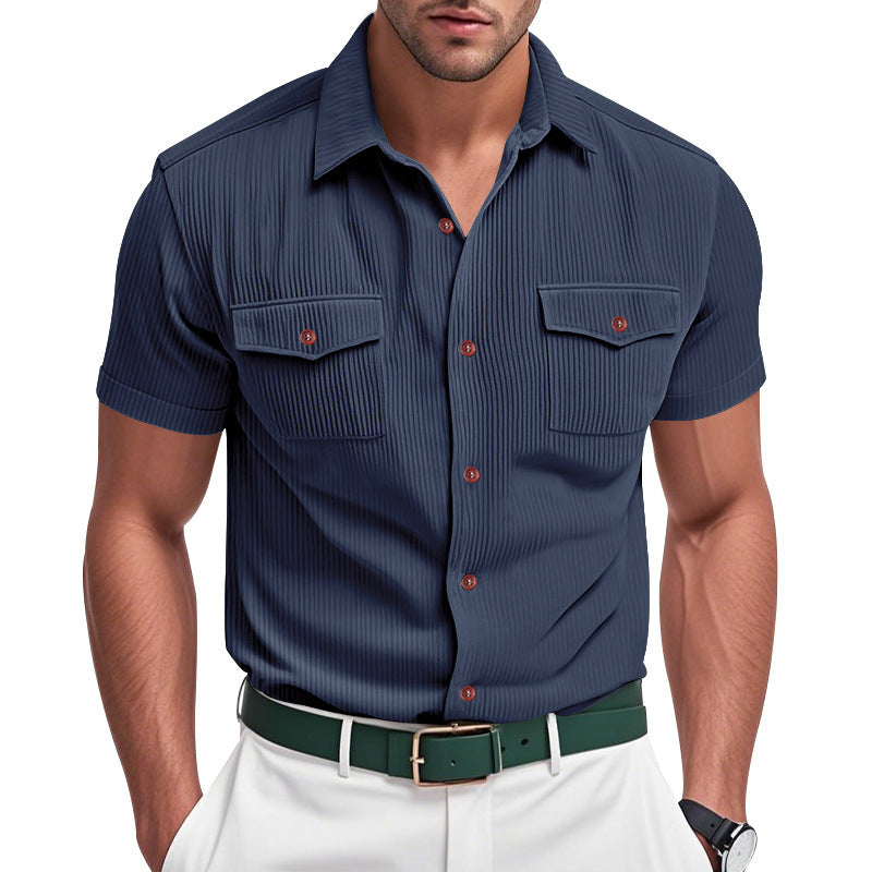 Solid Color Casual Short Sleeve Men's Shirt With Lapel Collar And Loose Fit, Made Of Polyester - view 5
