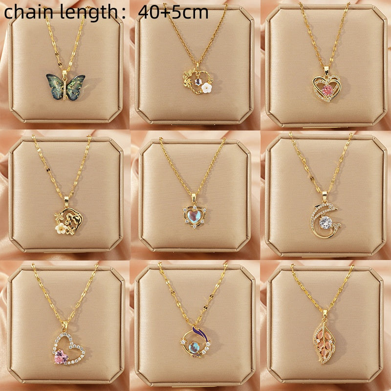 Golden Plated White K Plated 201 Stainless Steel Electroplated Resin Rhinestones Glass Heart Shape Flower Handmade Cable Chain Pendant Necklace - view 5