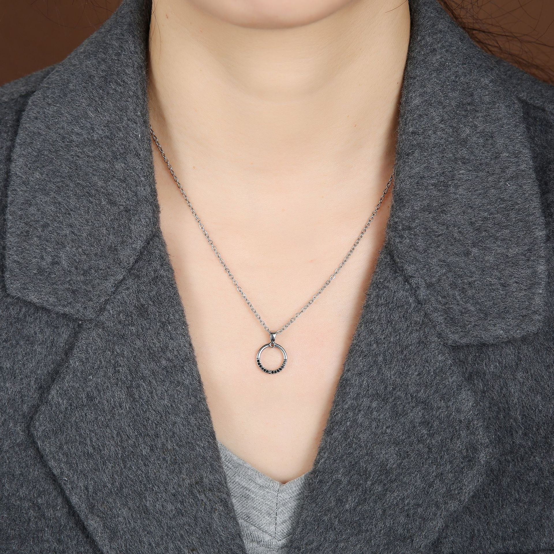 Geometric Pendant Necklace For Unisex Featuring Copper Material With Zircon Inlay On Cable Chain, Stylish Ring Necklace - view 2