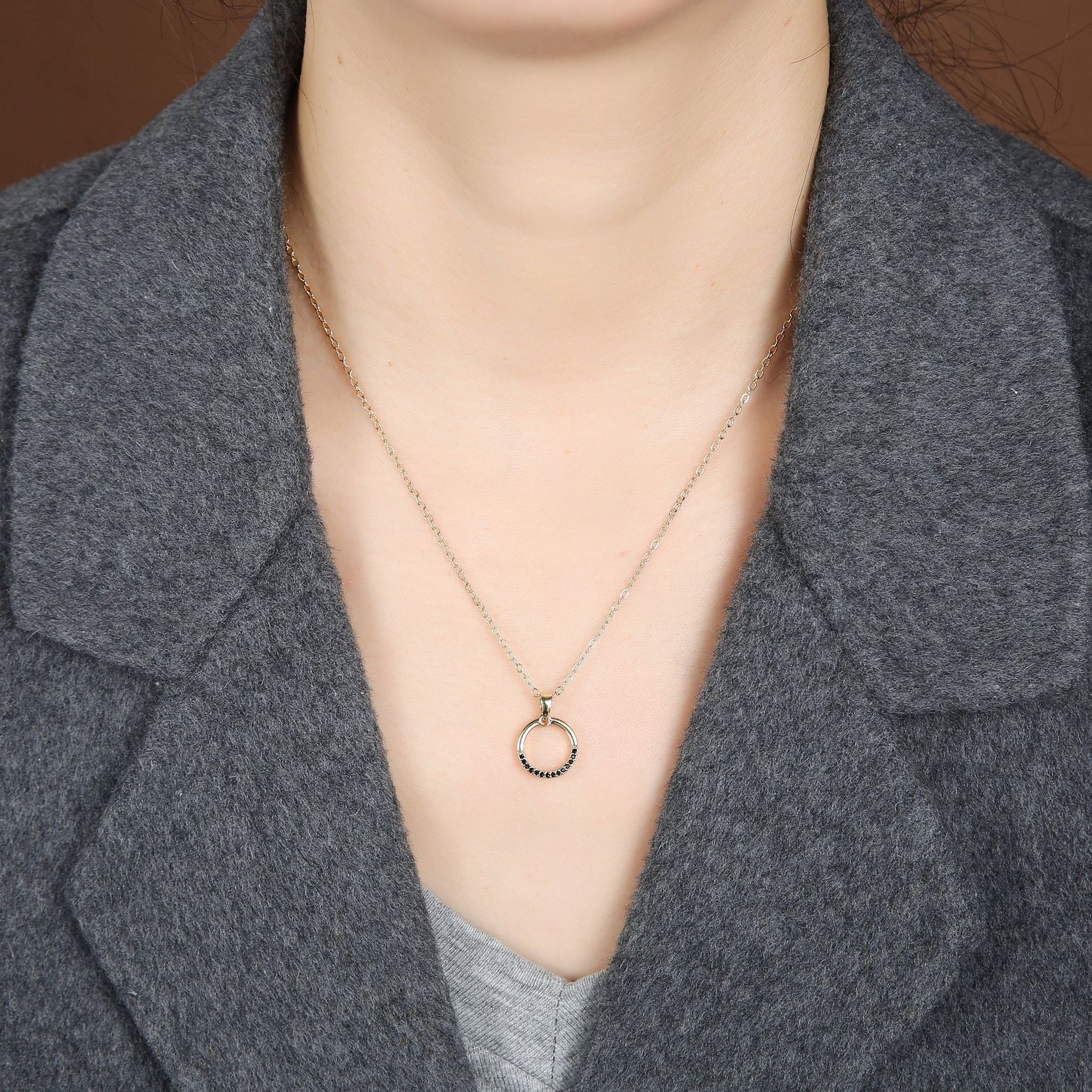 Geometric Pendant Necklace For Unisex Featuring Copper Material With Zircon Inlay On Cable Chain, Stylish Ring Necklace - view 3