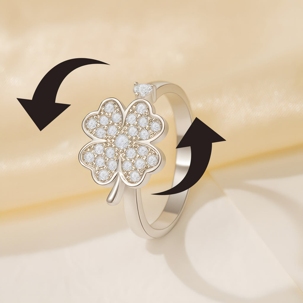 Four Leaf Clover Rotatable Anxiety Ring For Women In Pastoral Style, Made Of Copper, Featuring Spinner Rings Design - front view