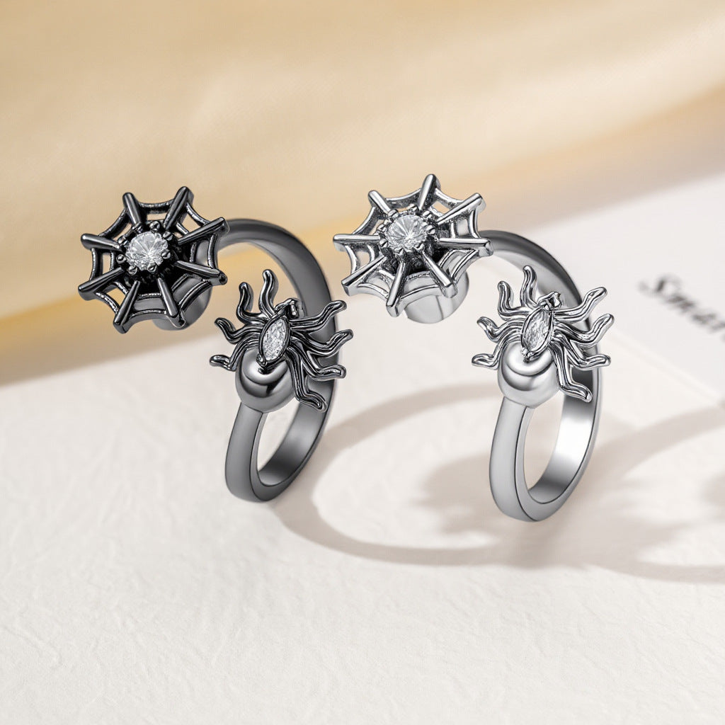 Sweet Spider Web Anxiety Ring For Unisex Featuring Copper Material And Zircon Inlay, Spinner Rings Design - front view