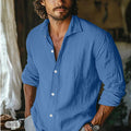 Solid Color Boyfriend Style Linen Blouse With Lapel Collar And Button Detail, Long Sleeve Men's Shirt - front view
