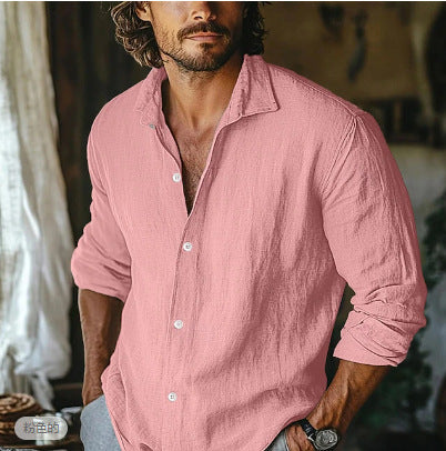 Solid Color Boyfriend Style Linen Blouse With Lapel Collar And Button Detail, Long Sleeve Men's Shirt - view 2