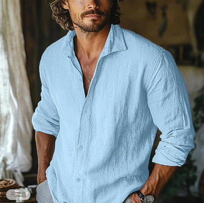 Solid Color Boyfriend Style Linen Blouse With Lapel Collar And Button Detail, Long Sleeve Men's Shirt - view 3