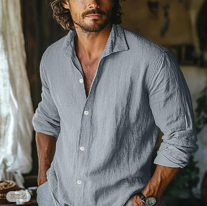 Solid Color Boyfriend Style Linen Blouse With Lapel Collar And Button Detail, Long Sleeve Men's Shirt - view 4