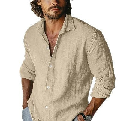 Solid Color Boyfriend Style Linen Blouse With Lapel Collar And Button Detail, Long Sleeve Men's Shirt - view 5