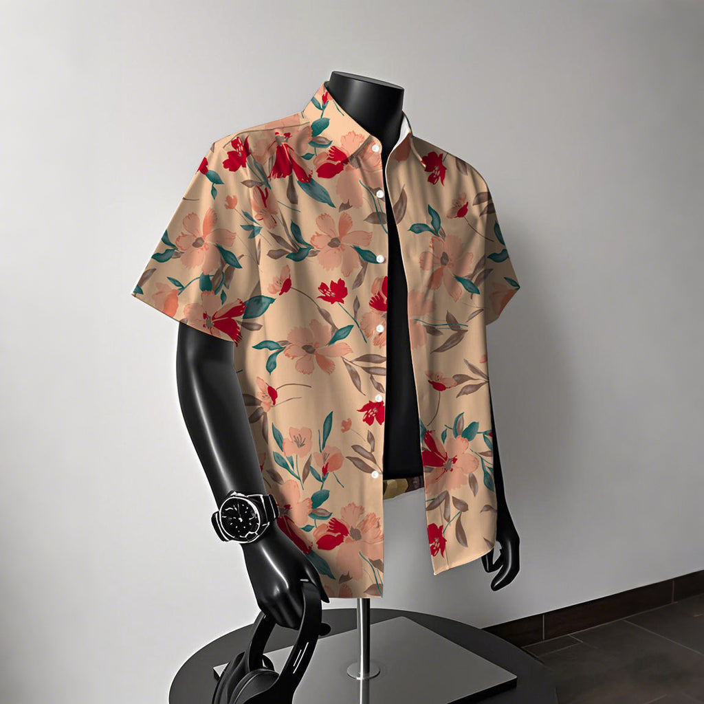 Hawaiian Flowers Short Sleeve Blouse With Printing, Men's Shirt Featuring Orthodox Cross Necklace Style - front view