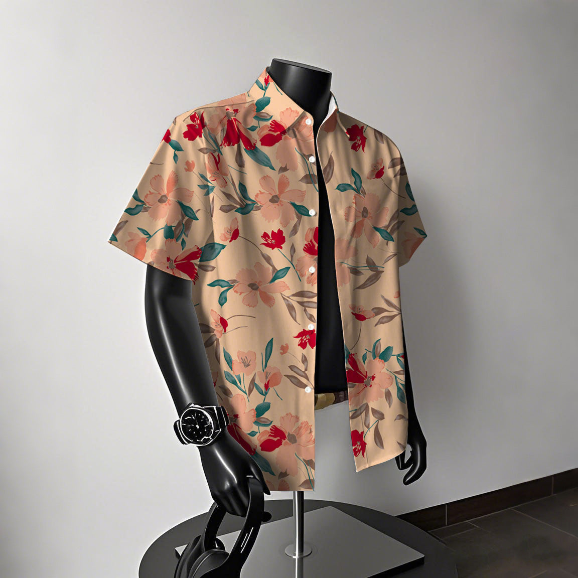 Hawaiian Flowers Short Sleeve Blouse With Printing, Men's Shirt Featuring Orthodox Cross Necklace Style - front view