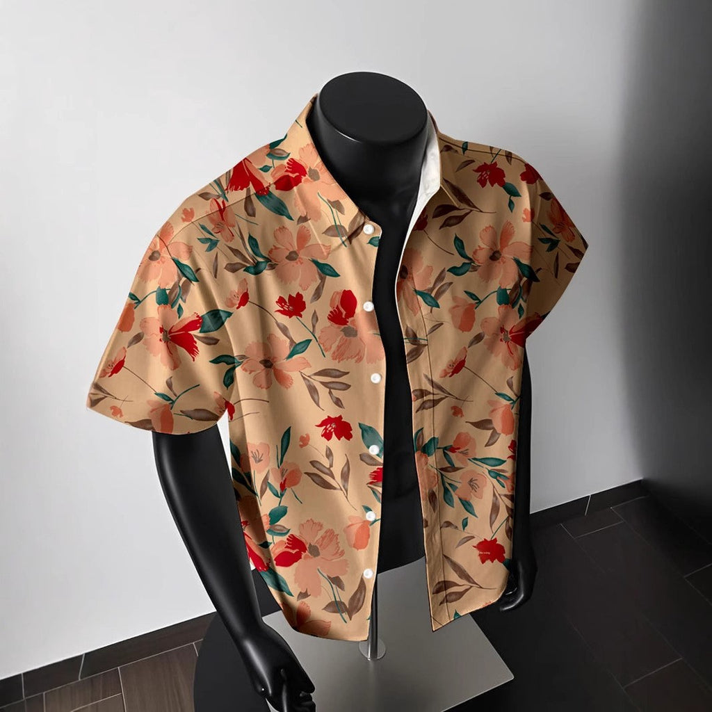 Hawaiian Flowers Short Sleeve Blouse With Printing, Men's Shirt Featuring Orthodox Cross Necklace Style - view 4
