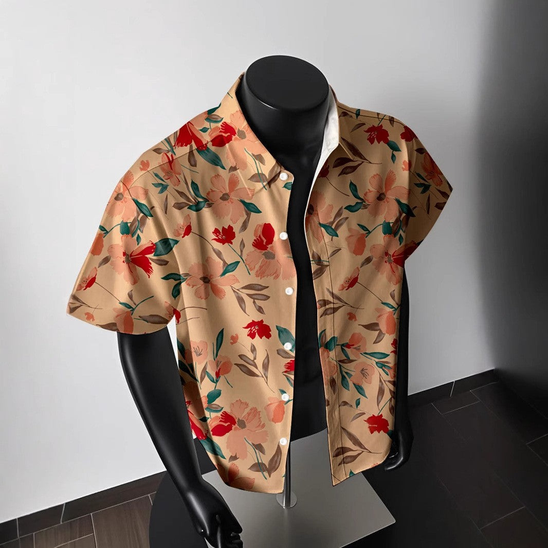 Hawaiian Flowers Short Sleeve Blouse With Printing, Men's Shirt Featuring Orthodox Cross Necklace Style - view 4