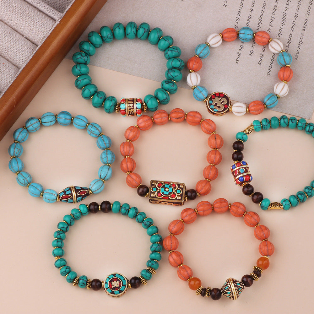 Tribal For Nepal Bracelets Unisex Ethnic Style Beaded Chain Bracelet Featuring Turquoise Inlay Material - front view