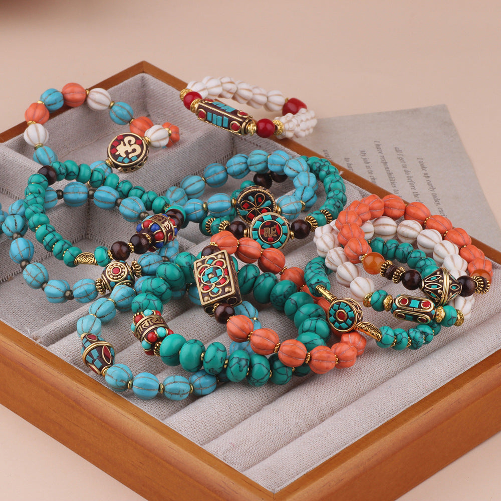 Tribal For Nepal Bracelets Unisex Ethnic Style Beaded Chain Bracelet Featuring Turquoise Inlay Material - view 2