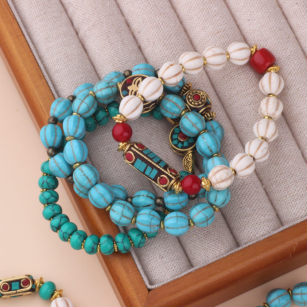 Tribal For Nepal Bracelets Unisex Ethnic Style Beaded Chain Bracelet Featuring Turquoise Inlay Material - view 3