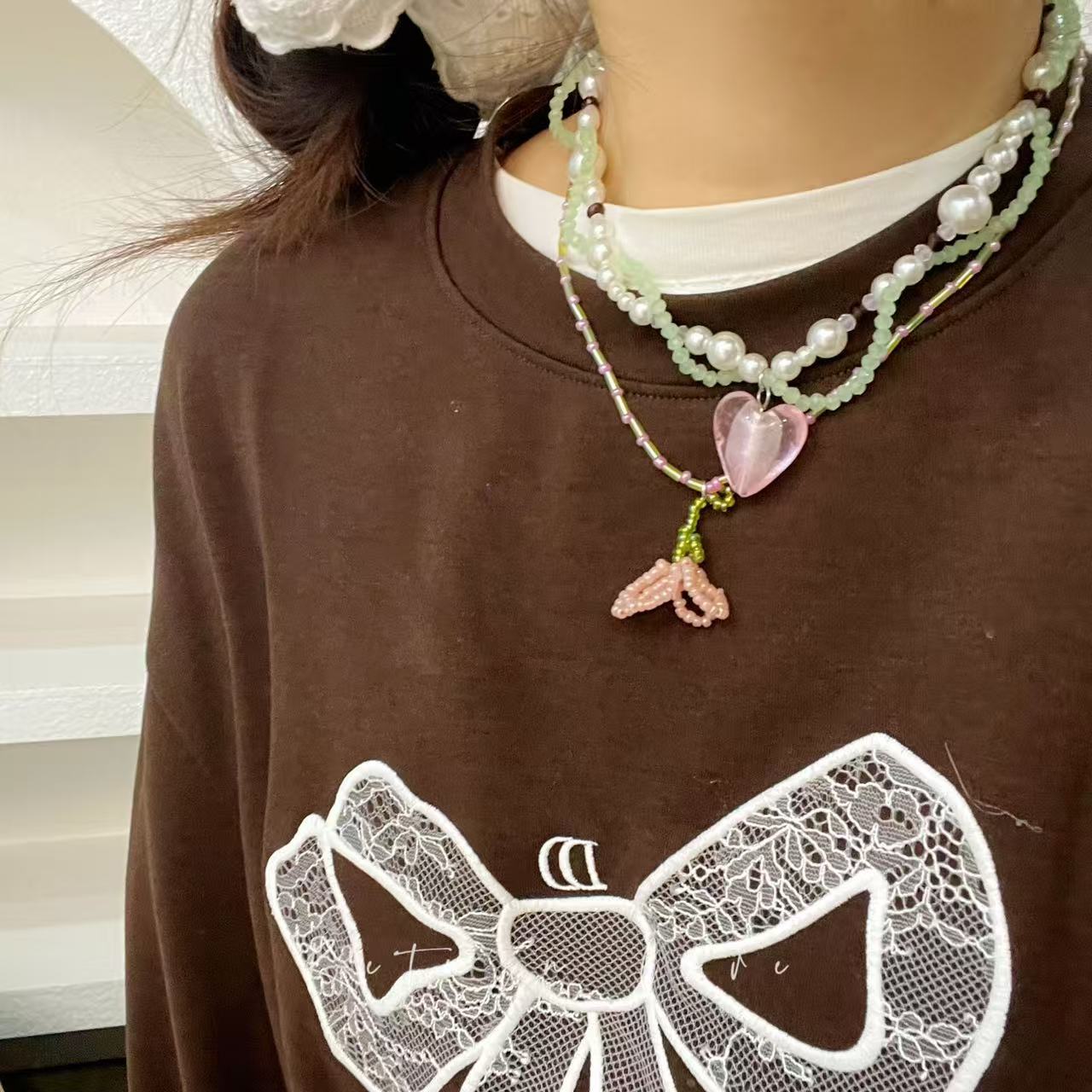 Sweet Heart Shape Beaded Necklace For Women In Colour Plastic, Featuring Tulip Design - view 3