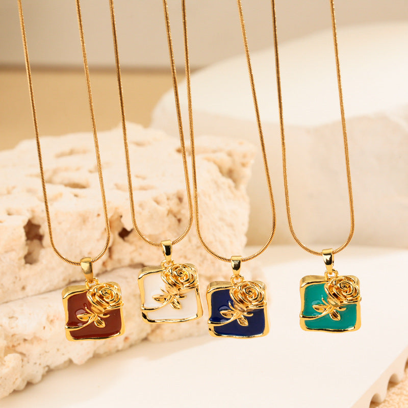 Rose Enamel Pendant Necklace For Women In Copper With Snake Chain, Featuring Tulip Necklace Design - front view
