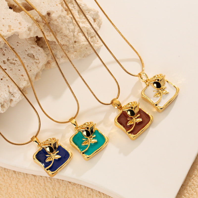 Rose Enamel Pendant Necklace For Women In Copper With Snake Chain, Featuring Tulip Necklace Design - view 2