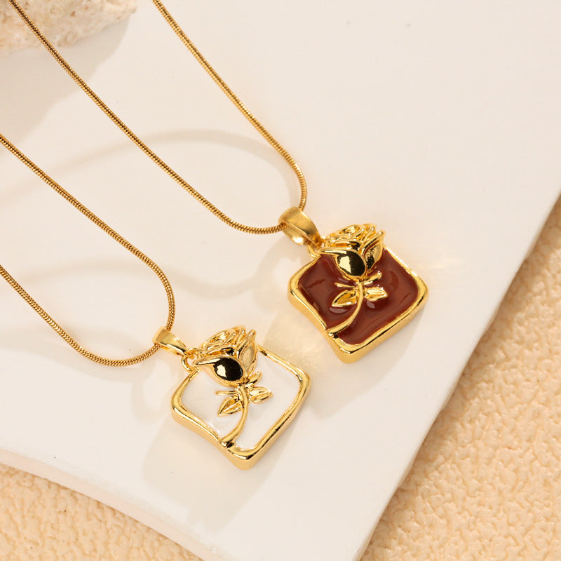 Rose Enamel Pendant Necklace For Women In Copper With Snake Chain, Featuring Tulip Necklace Design - view 4