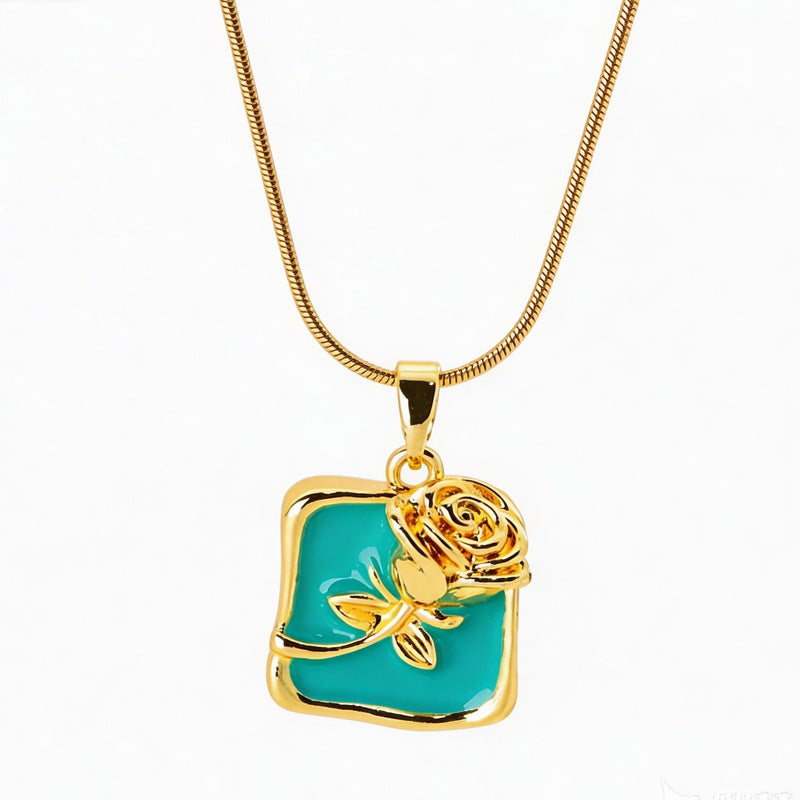 Rose Enamel Pendant Necklace For Women In Copper With Snake Chain, Featuring Tulip Necklace Design - view 5