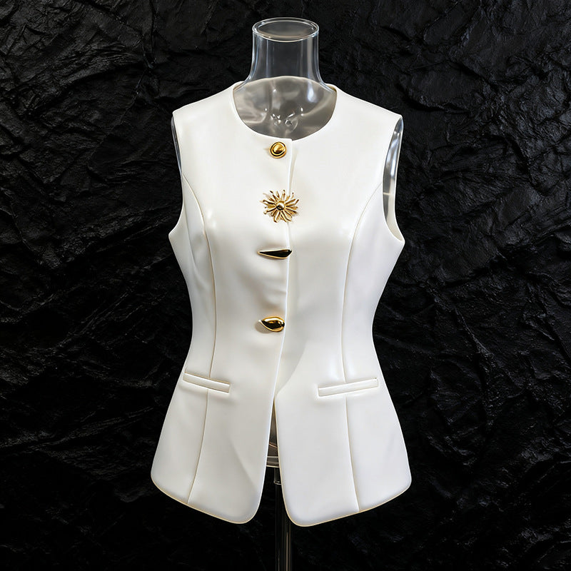Solid Color Sleeveless Polyester Vest With Button Detail, Novelty Style Women's Top - front view
