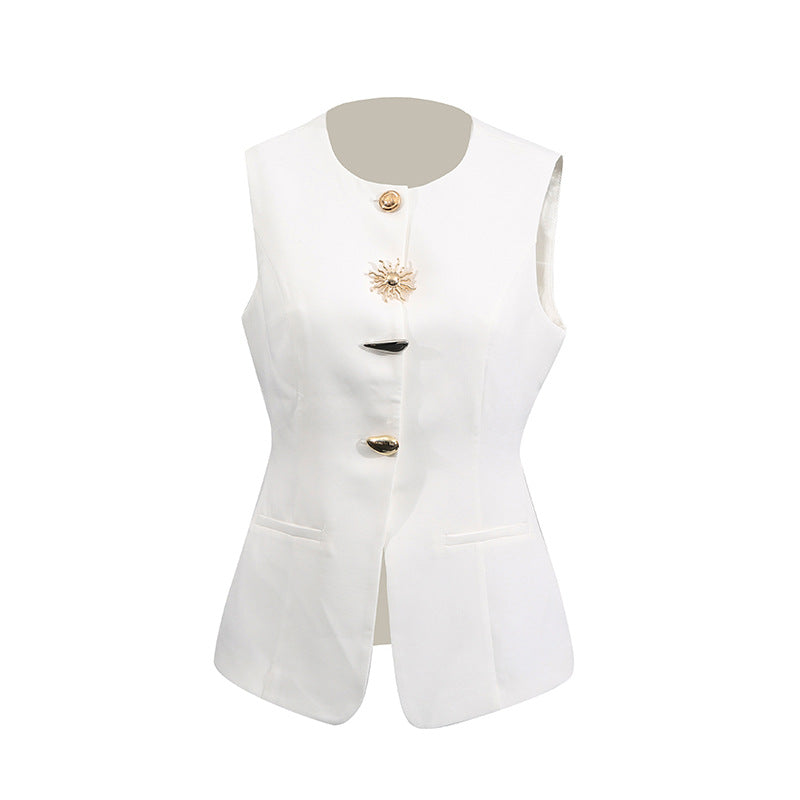 Solid Color Sleeveless Polyester Vest With Button Detail, Novelty Style Women's Top - view 5