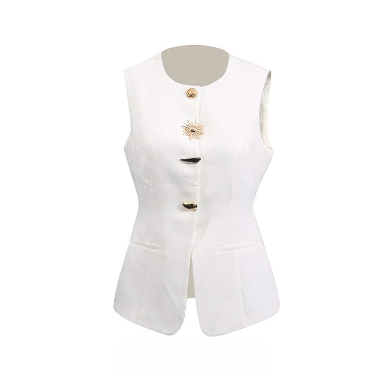 Solid Color Sleeveless Polyester Vest With Button Detail, Novelty Style Women's Top - view 4