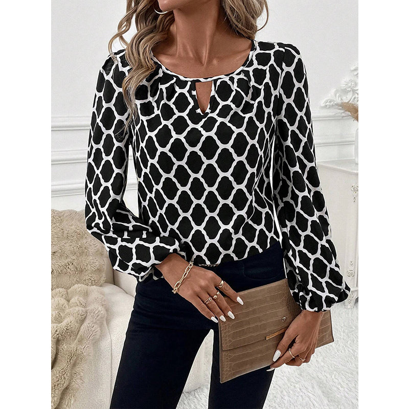 Simple Style Polyester Blouse With Printing, Lace And Chiffon Shirt - front view
