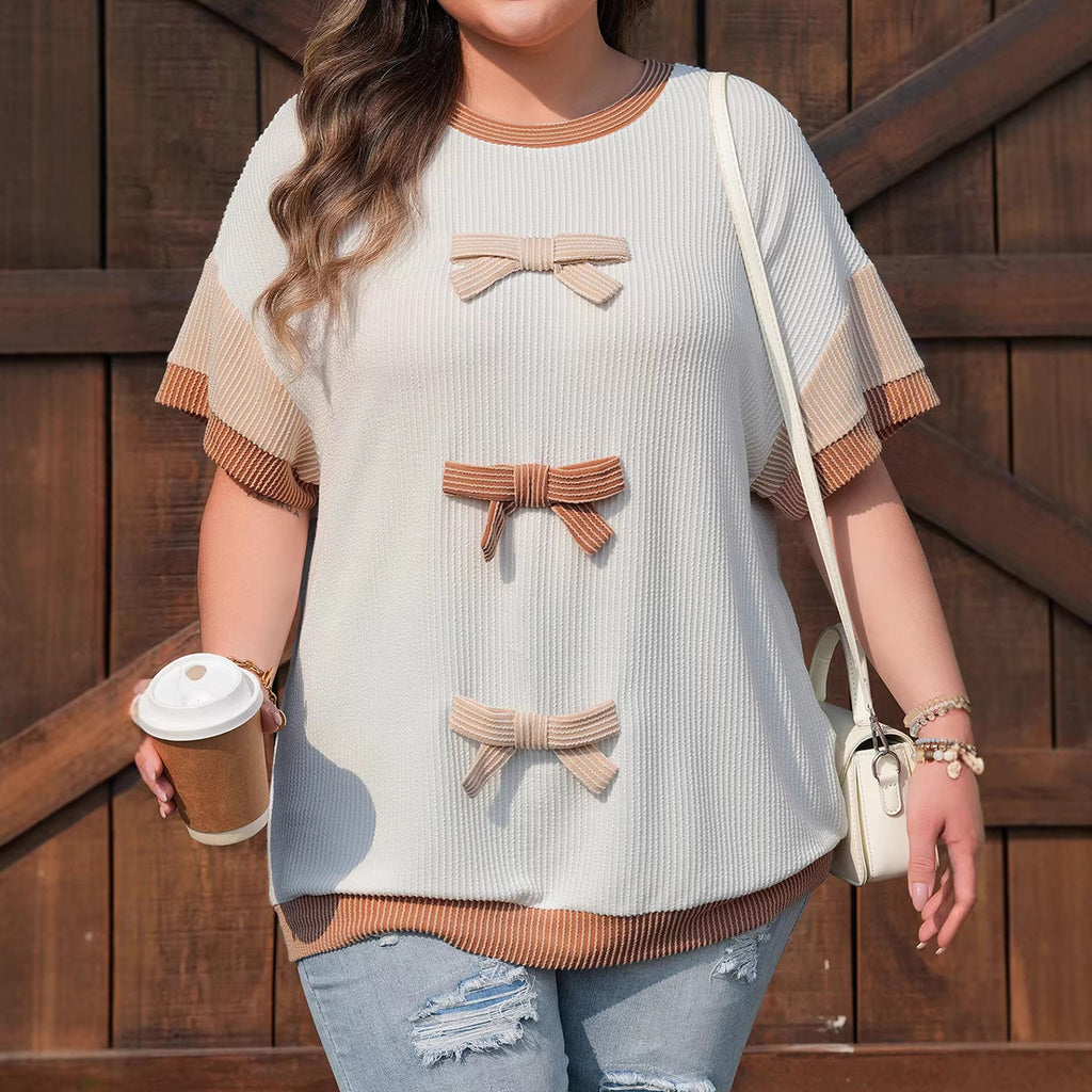 Short Sleeve Polyester T-shirt With Bow Tie Design, Pullover Style Women's Top - front view